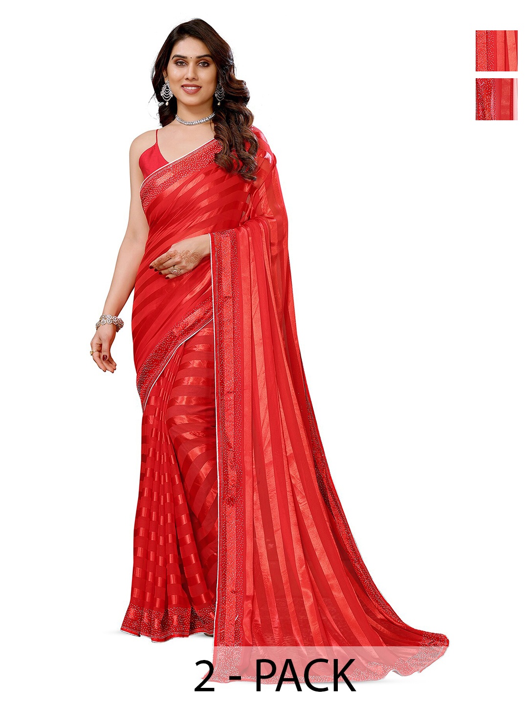 

ANAND SAREES Selection Of 2 Striped Beads and Stones Satin Sarees, Red