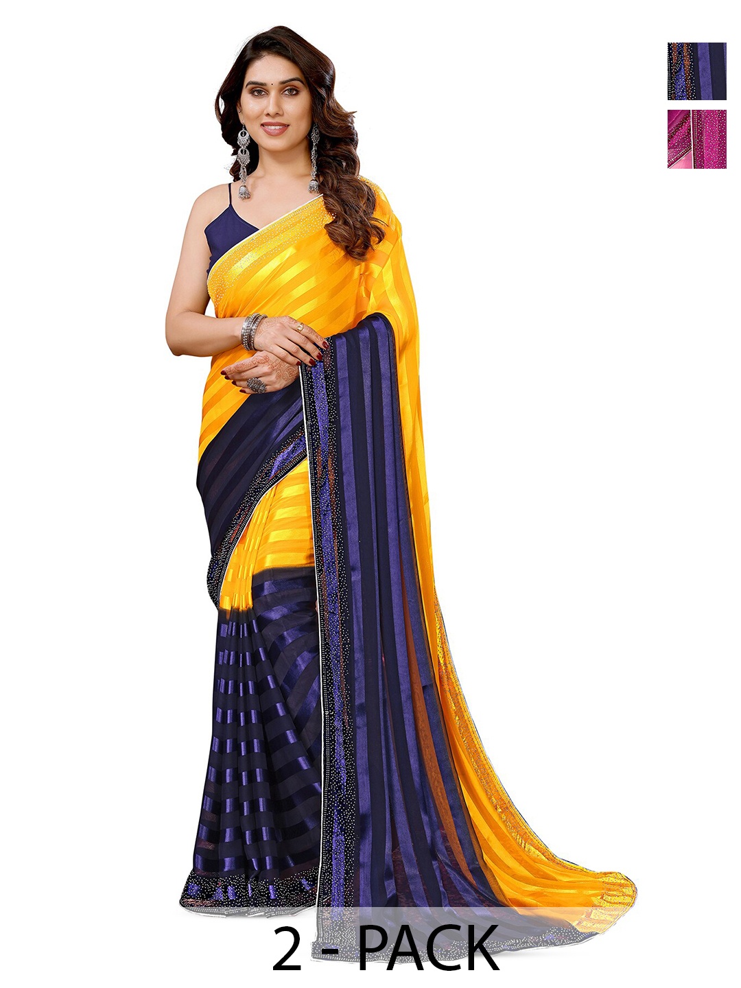 

ANAND SAREES Selection of 2 Striped Beads and Stones Satin Sarees, Blue