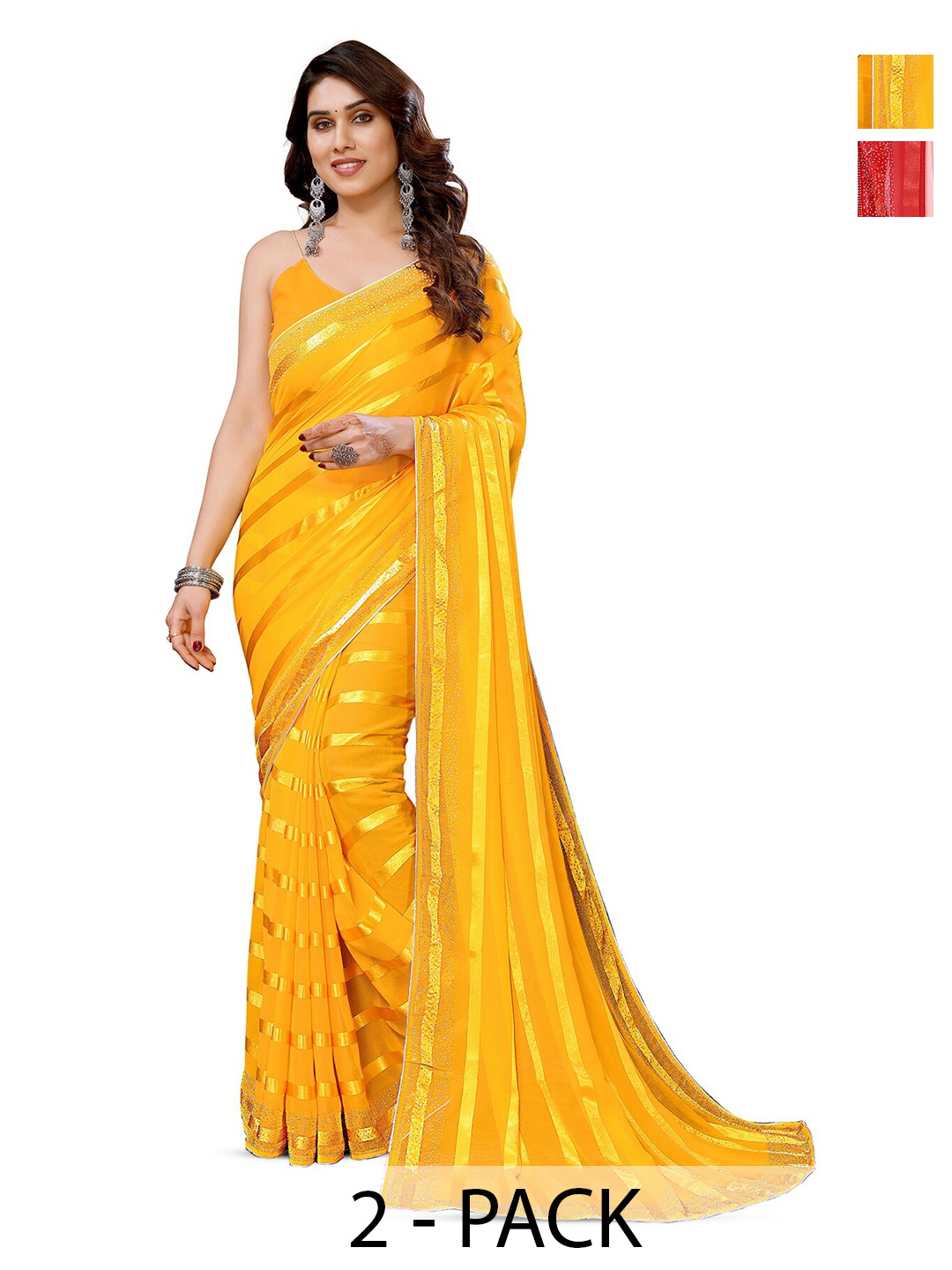 

ANAND SAREES Selection Of 2 Striped Satin Sarees, Yellow