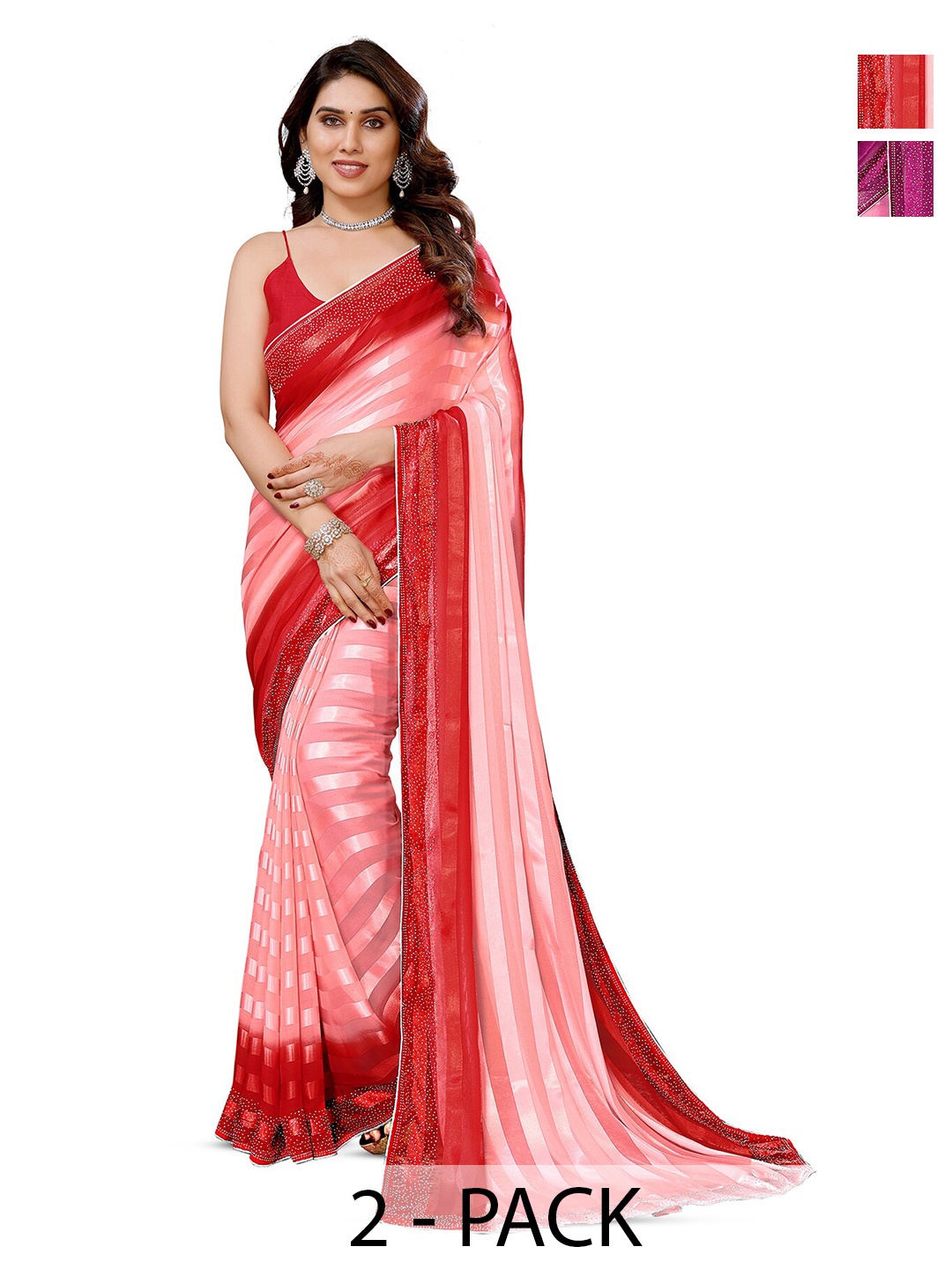 

ANAND SAREES Selection Of 2 Striped Satin Sarees, Pink