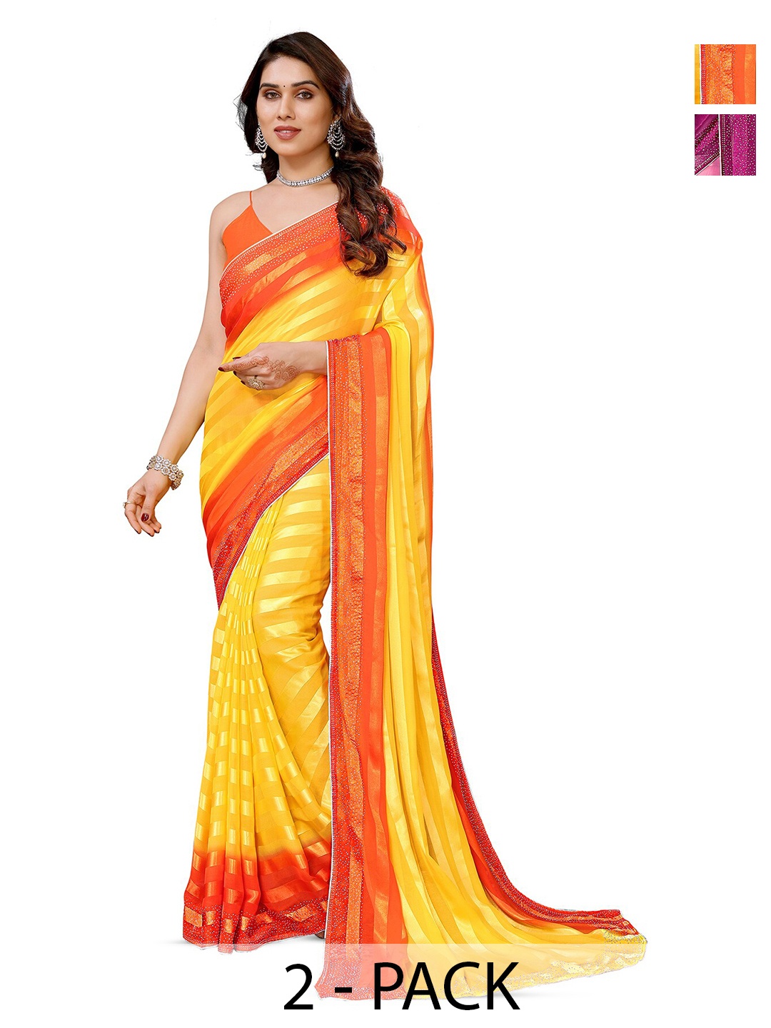 

ANAND SAREES Selection of 2 Striped Beads and Stones Satin Sarees, Yellow