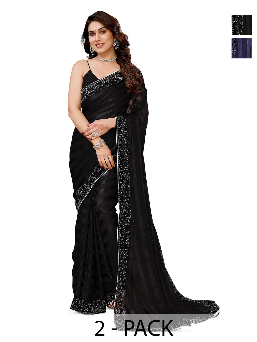 

ANAND SAREES Selection of 2 Striped Satin Sarees, Black