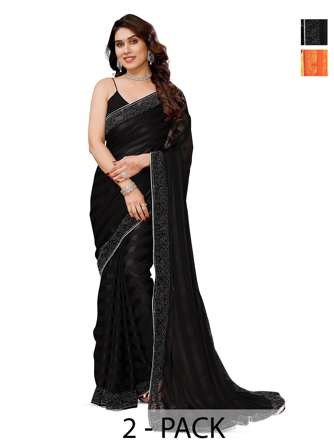 

ANAND SAREES Selection of 2 Striped Satin Sarees, Black