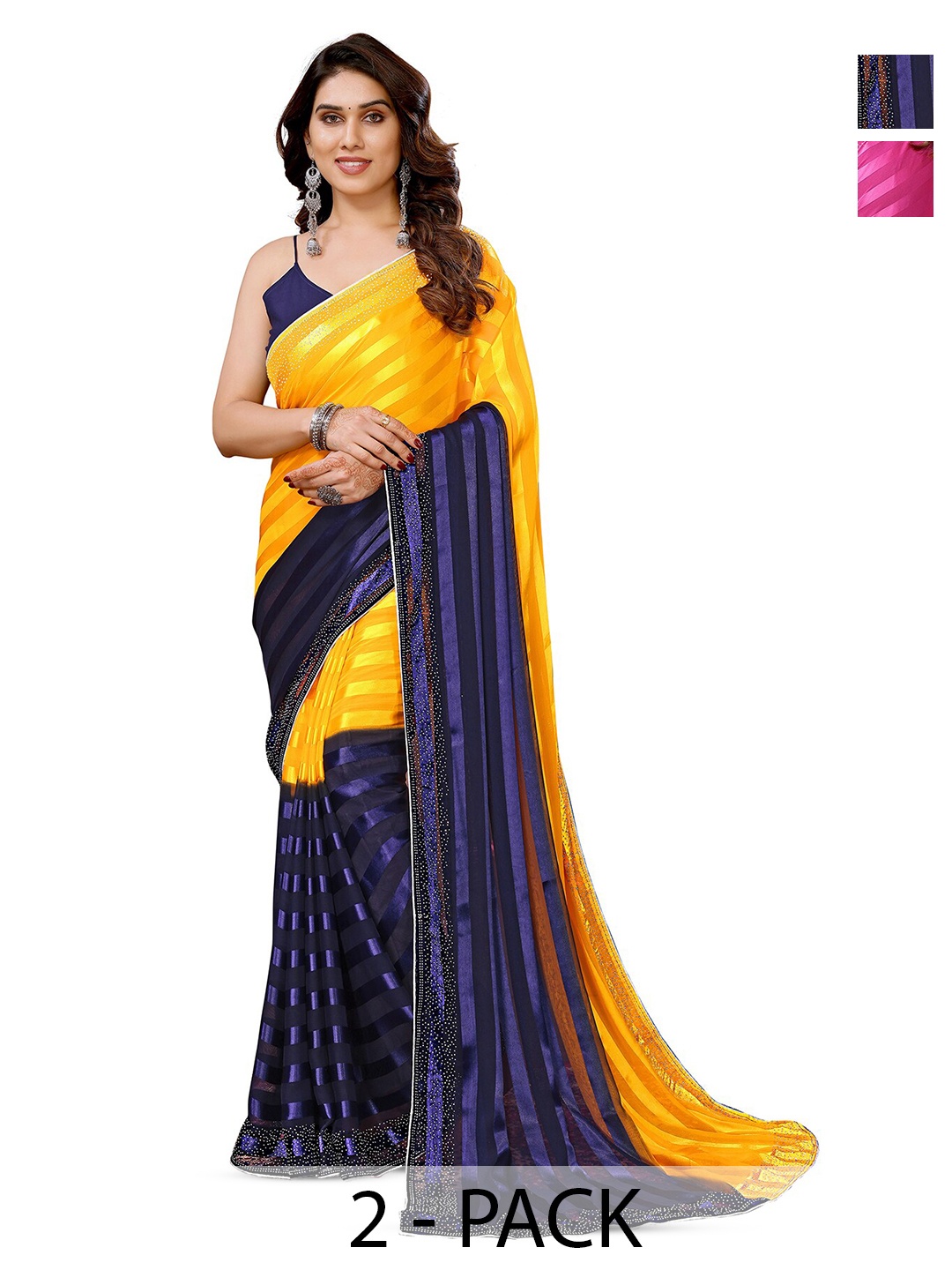 

ANAND SAREES Selection Of 2 Striped Beads and Stones Satin Sarees, Navy blue