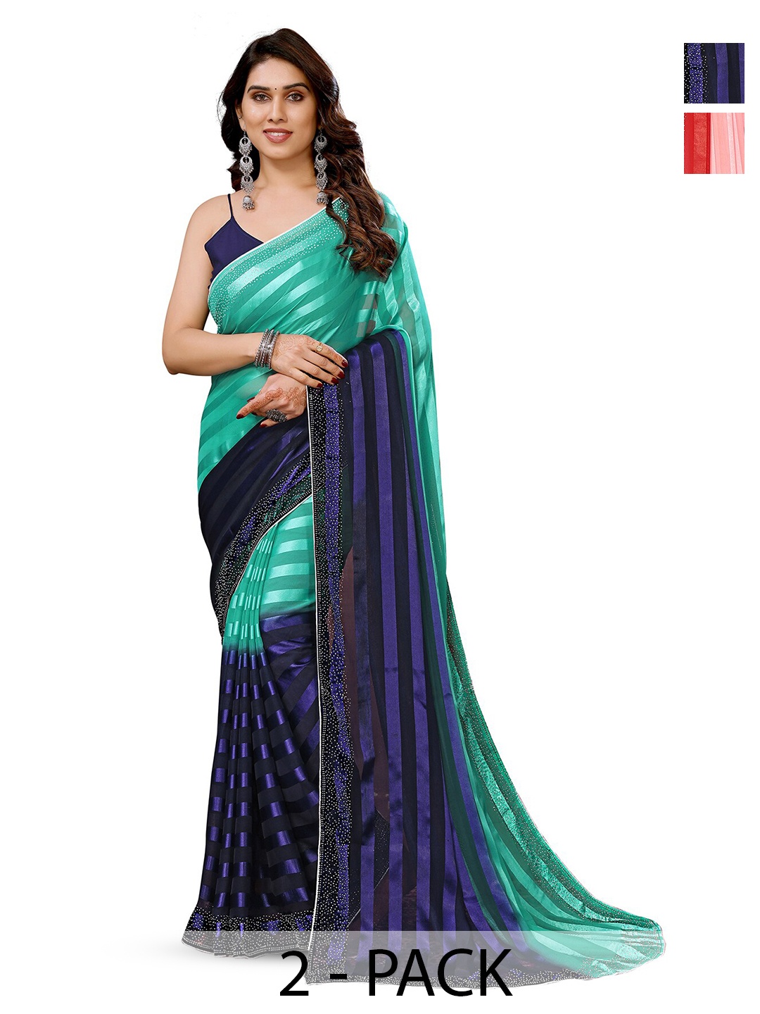 

ANAND SAREES Selection of 2 Striped Satin Sarees, Blue