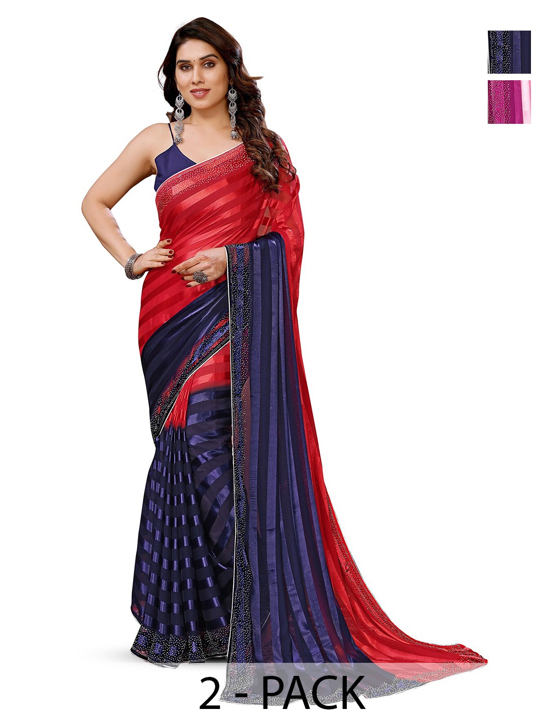 

ANAND SAREES Selection of 2 Striped Satin Sarees, Pink