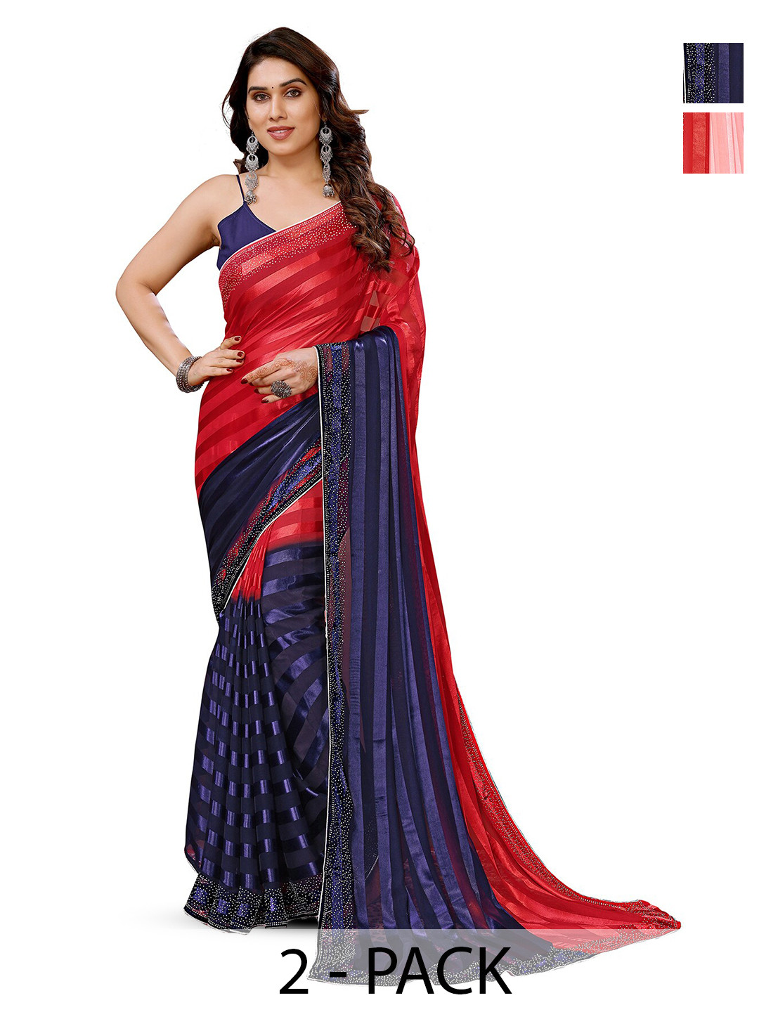 

ANAND SAREES Selection of 2 Striped Satin Sarees, Red