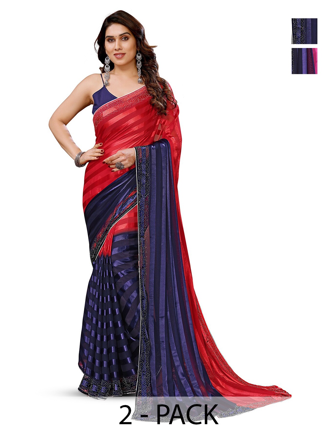 

ANAND SAREES Selection Of 2 Striped Satin Sarees, Navy blue