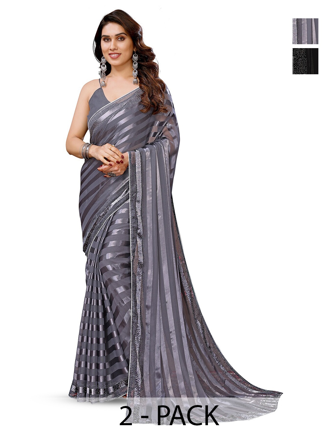 

ANAND SAREES Selection of 2 Striped Satin Sarees, Grey