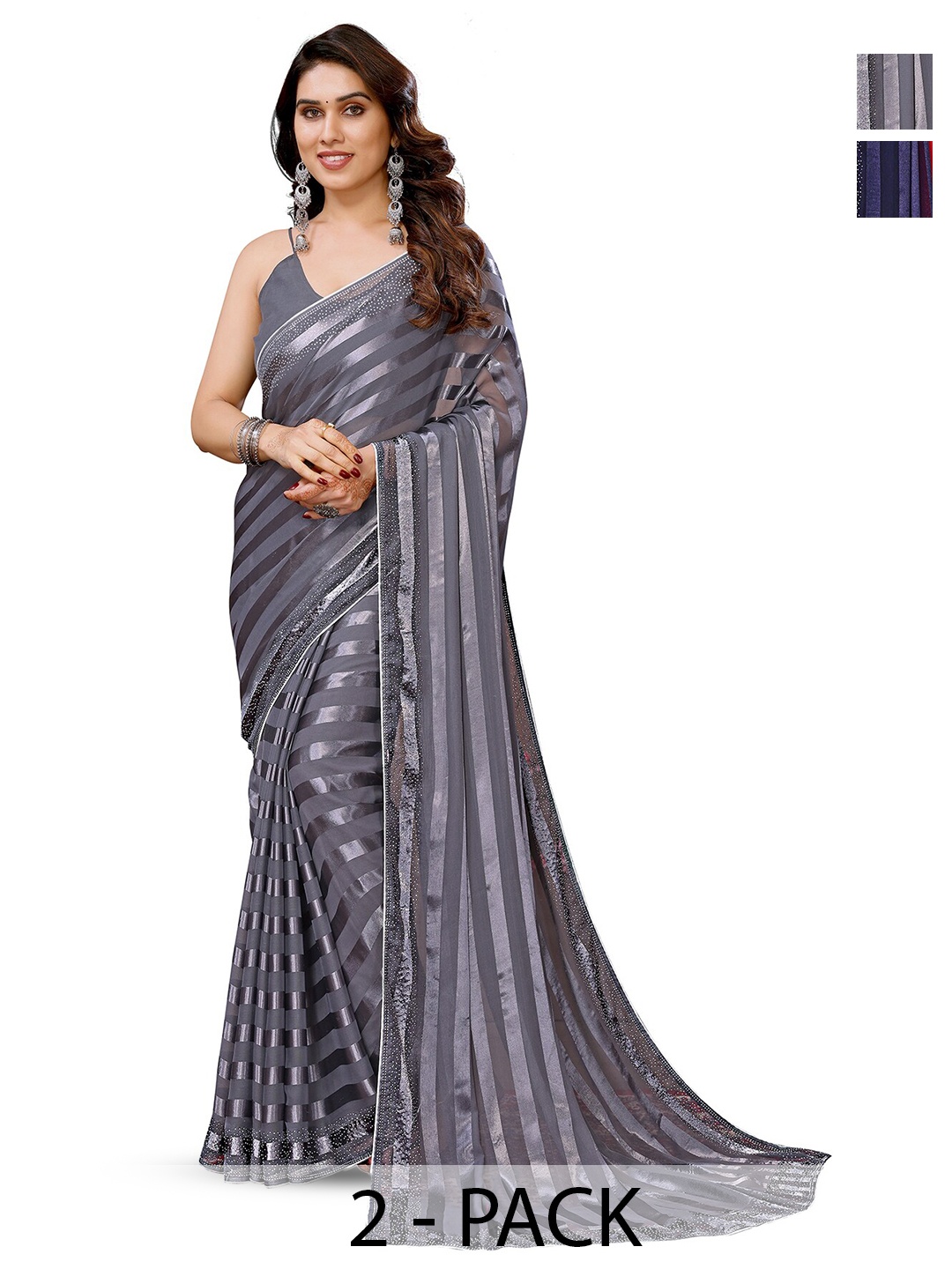 

ANAND SAREES Selection of 2 Striped Satin Sarees, Grey