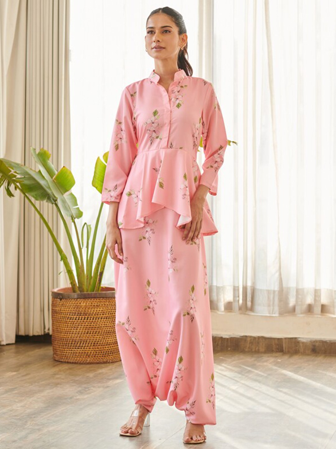 

Pasha Printed Cotton Peplum Dhoti Jumpsuit, Pink