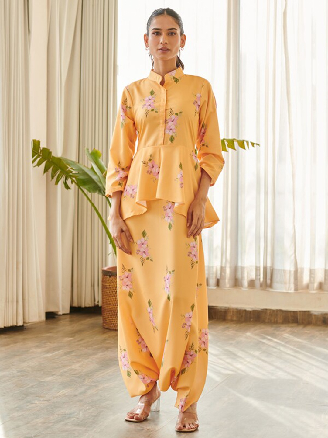 

Pasha Printed Cotton Peplum Dhoti Jumpsuit, Yellow