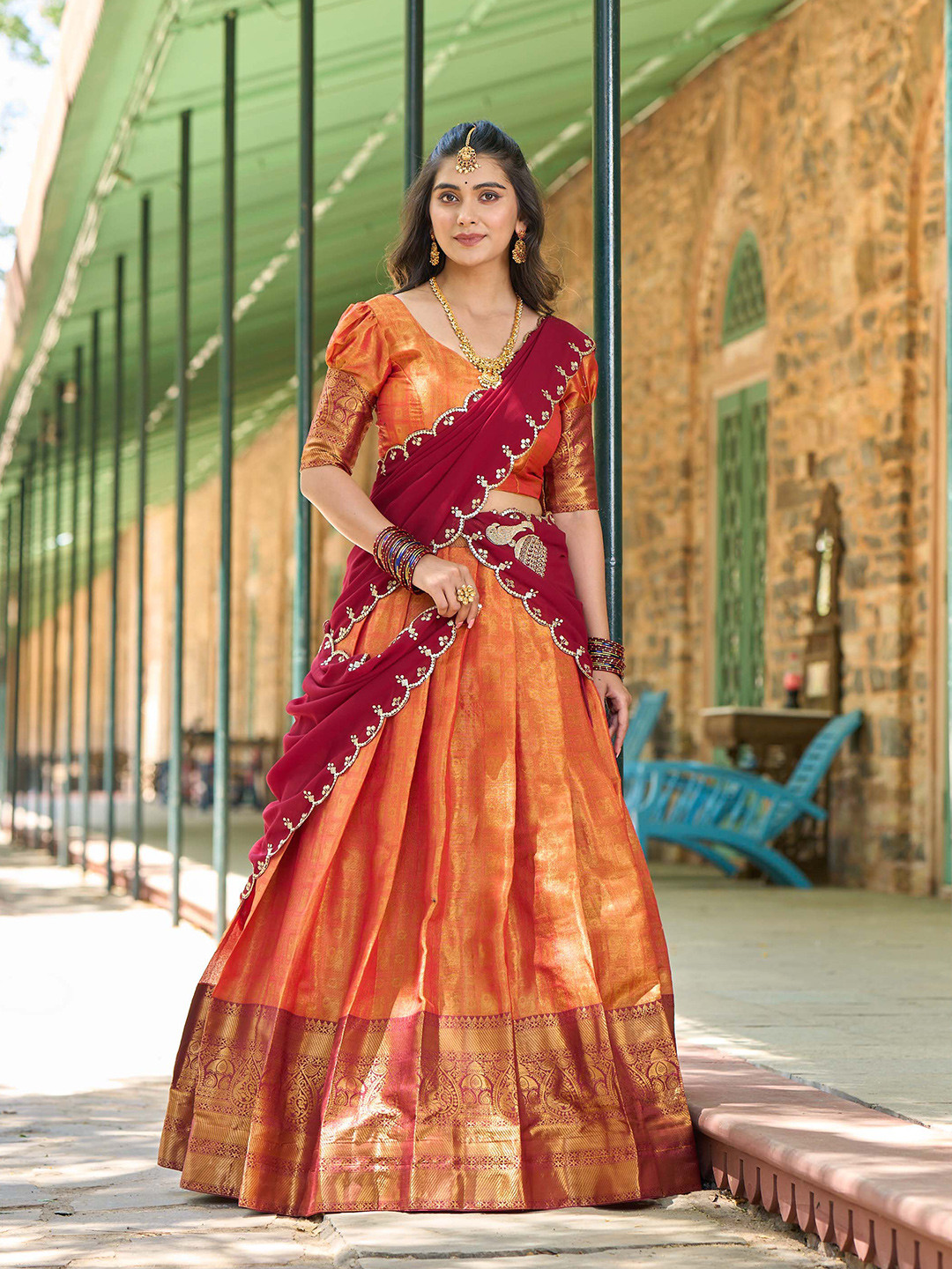 

LOOKNBOOK ART Woven Design Silk Semi Stitched Lehenga & Unstitched Blouse With Dupatta, Orange