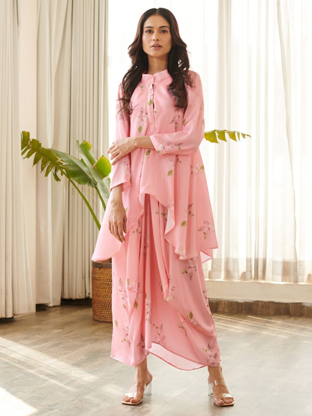 

Pasha Mandarin Collar Long Sleeves Floral Print Satin Maxi Dress, Pink