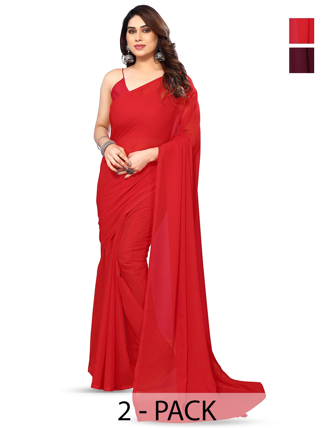 

ANAND SAREES Selection Of 2 Poly Georgette Sarees, Red