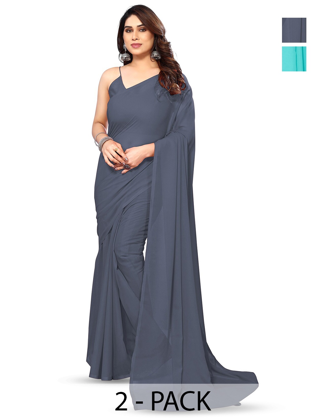 

ANAND SAREES Selection Of 2 Poly Georgette Sarees, Grey