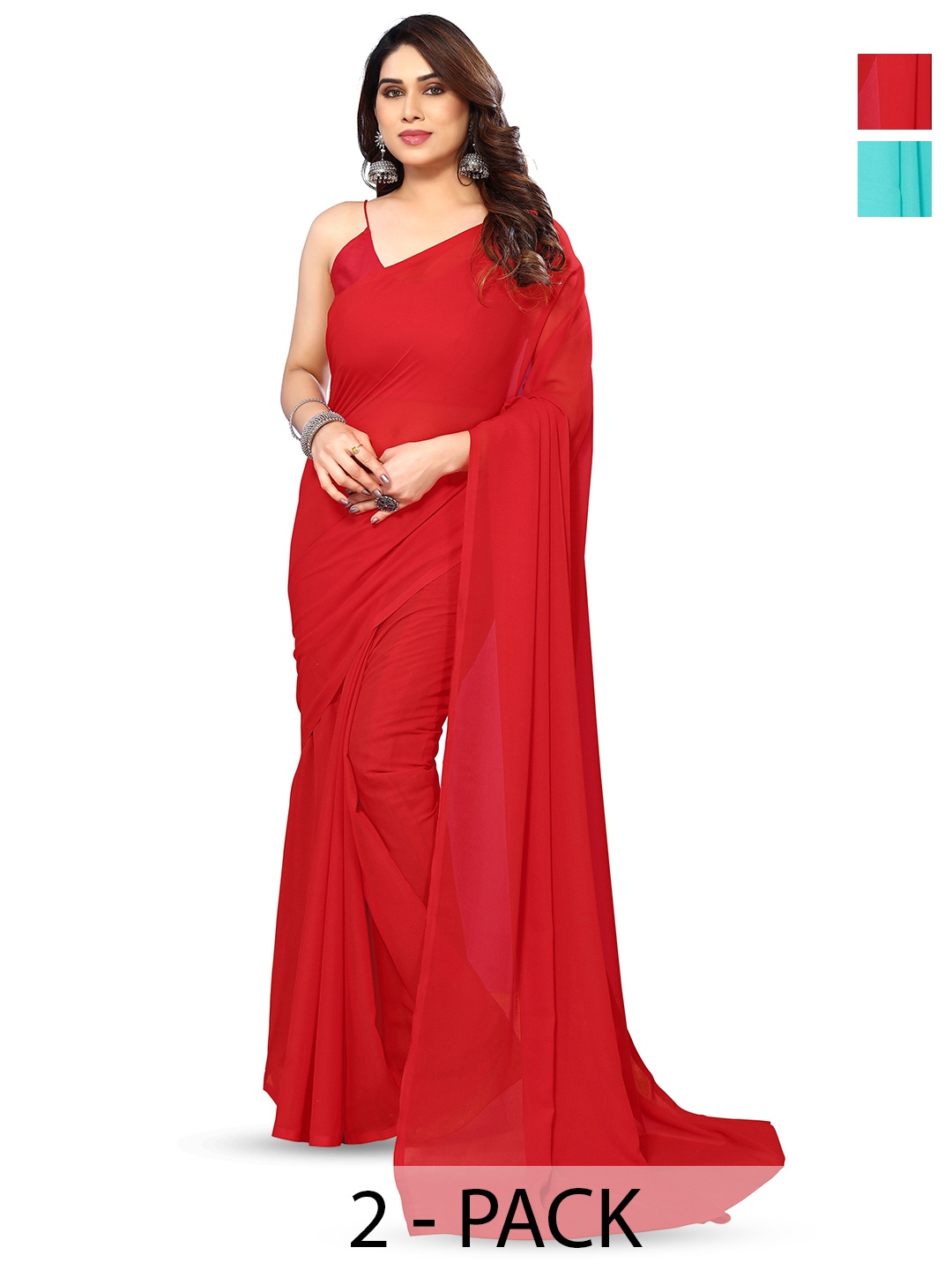 

ANAND SAREES Selection Of 2 Poly Georgette Sarees, Red
