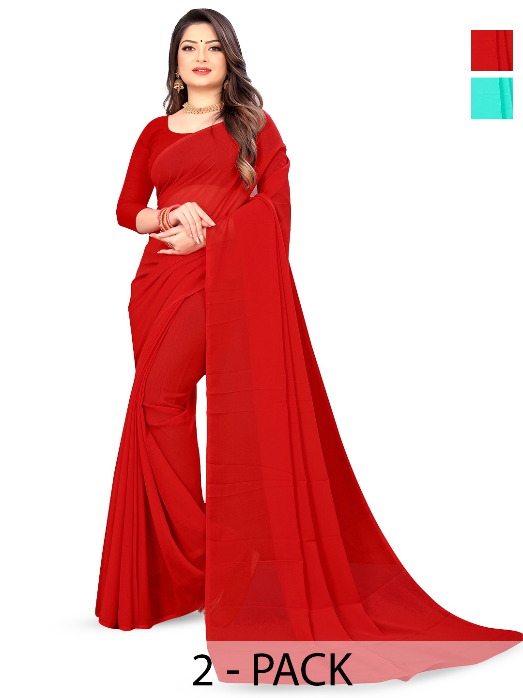 

ANAND SAREES Selection Of 2 Georgette Sarees, Red