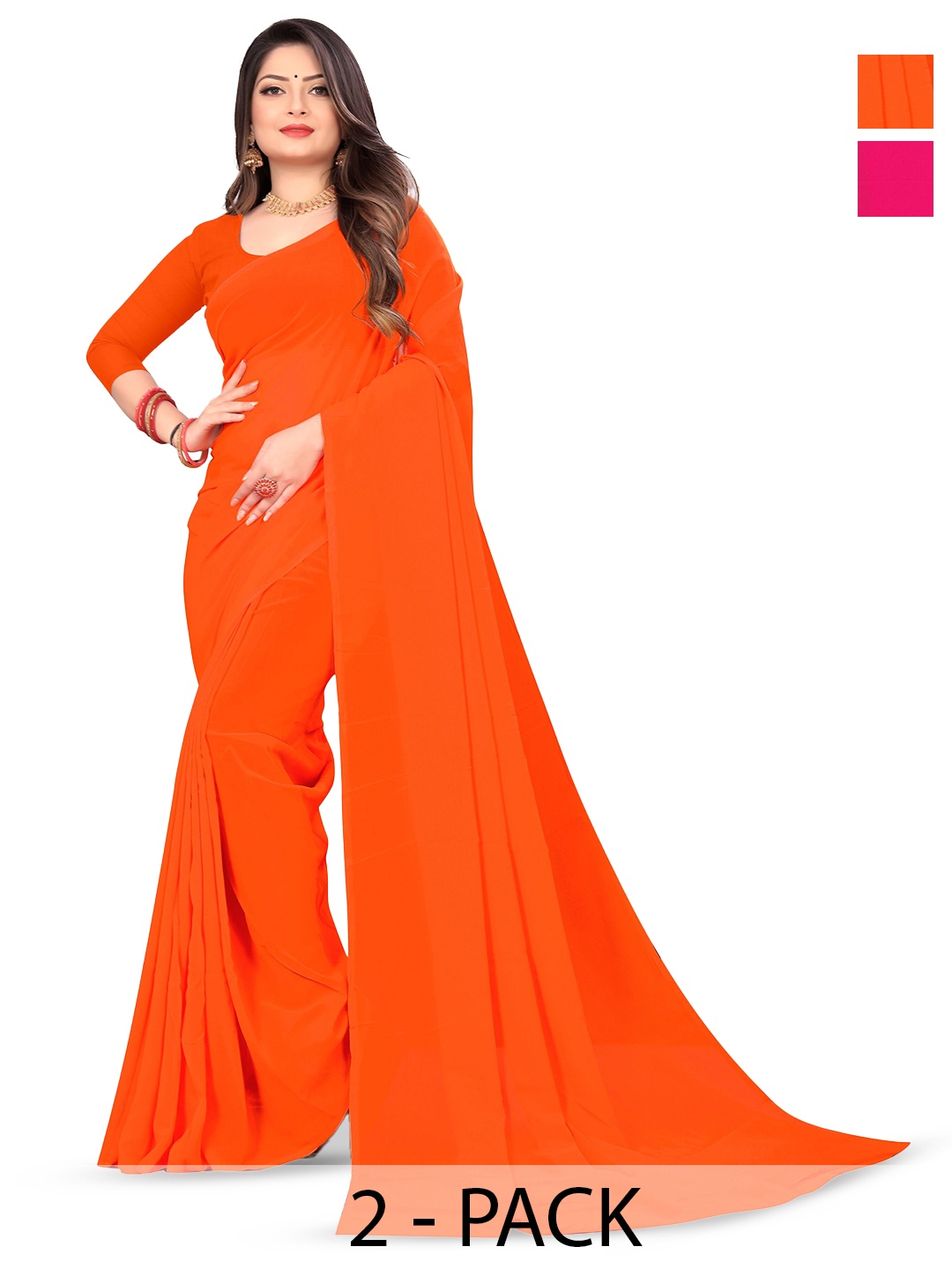 

ANAND SAREES Selection Of 2 Poly Georgette Sarees, Orange