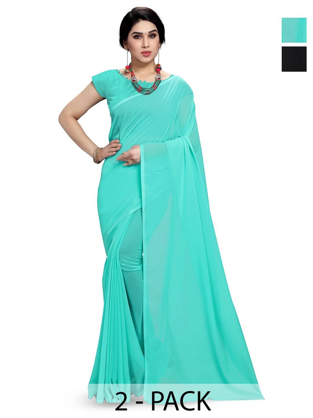 

ANAND SAREES Selection Of 2 Poly Georgette Sarees, Turquoise blue