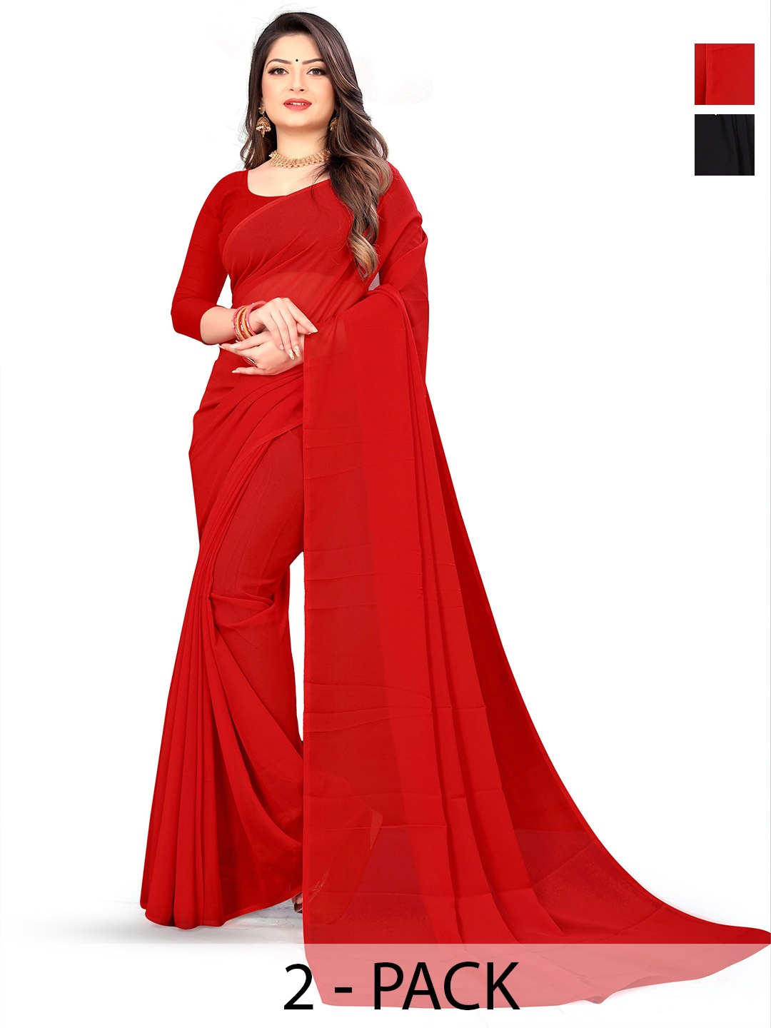

ANAND SAREES Selection Of 2 Georgette Sarees, Red