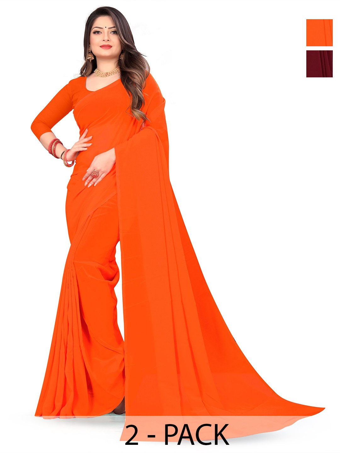 

ANAND SAREES Selection Of 2 Poly Georgette Sarees, Orange