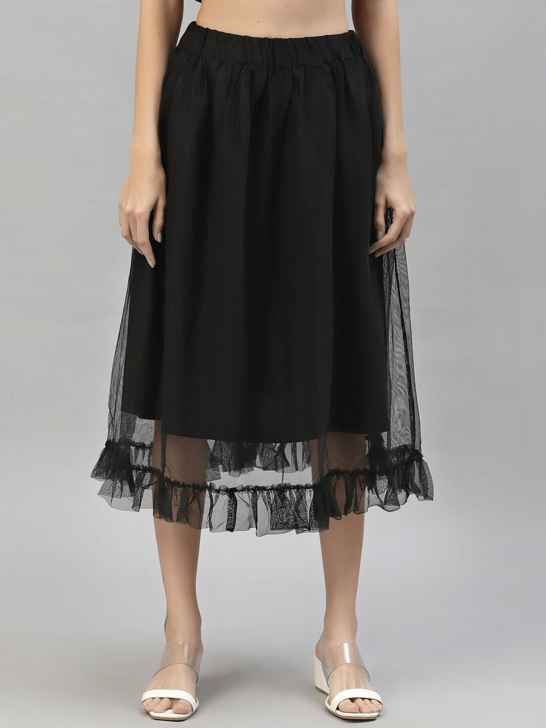 

HOUSE OF KKARMA Net Frill Flared Midi Skirt, Black