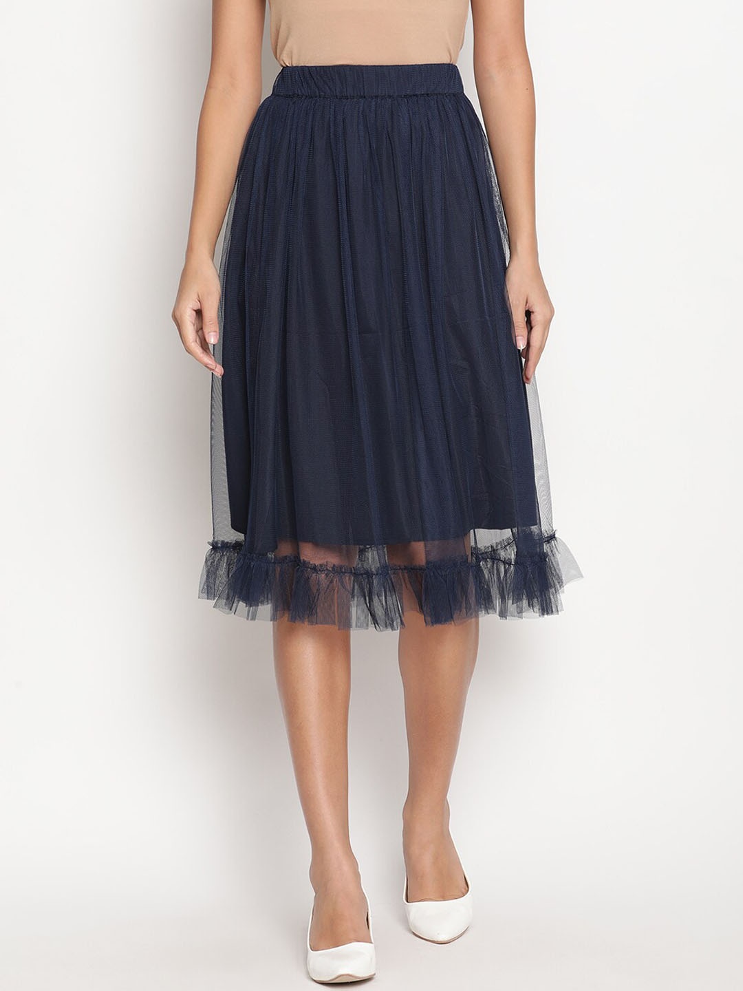 

HOUSE OF KKARMA Net Flared Midi Skirt, Navy blue
