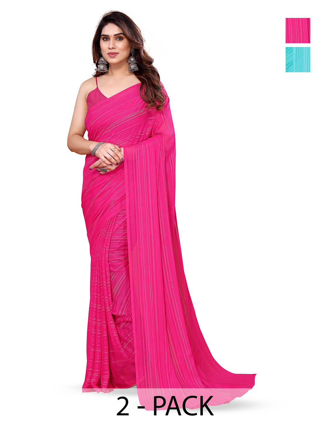 

ANAND SAREES Selection Of 2 Striped Satin Sarees, Blue