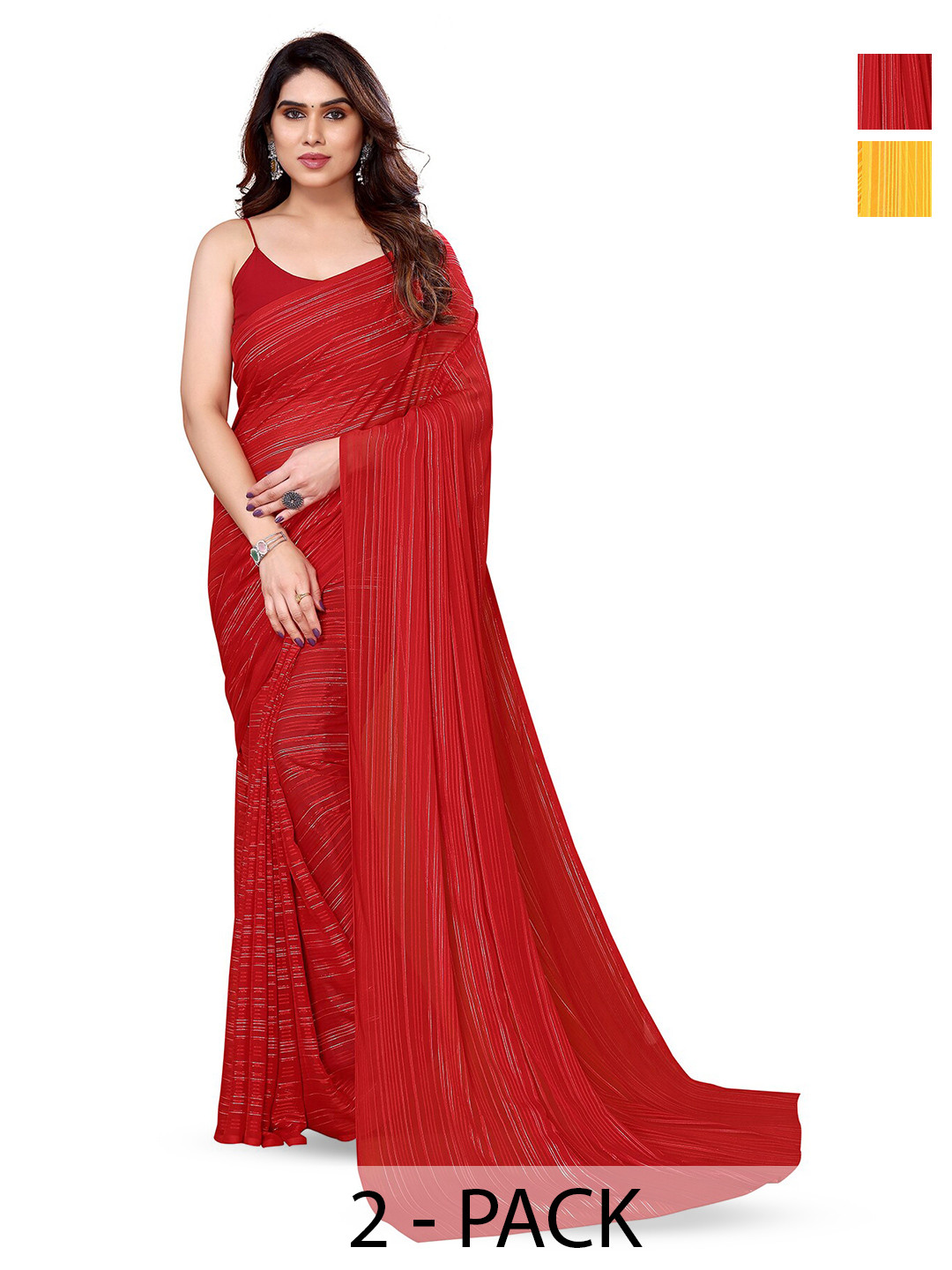 

ANAND SAREES Selection of 2 Striped Satin Sarees, Red