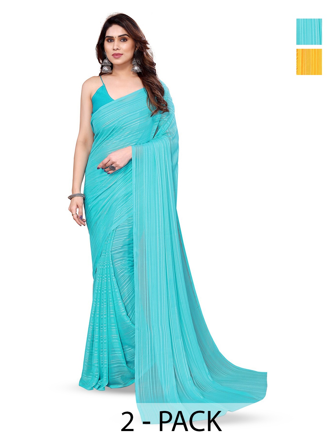 

ANAND SAREES Selection of 2 Striped Satin Sarees, Blue