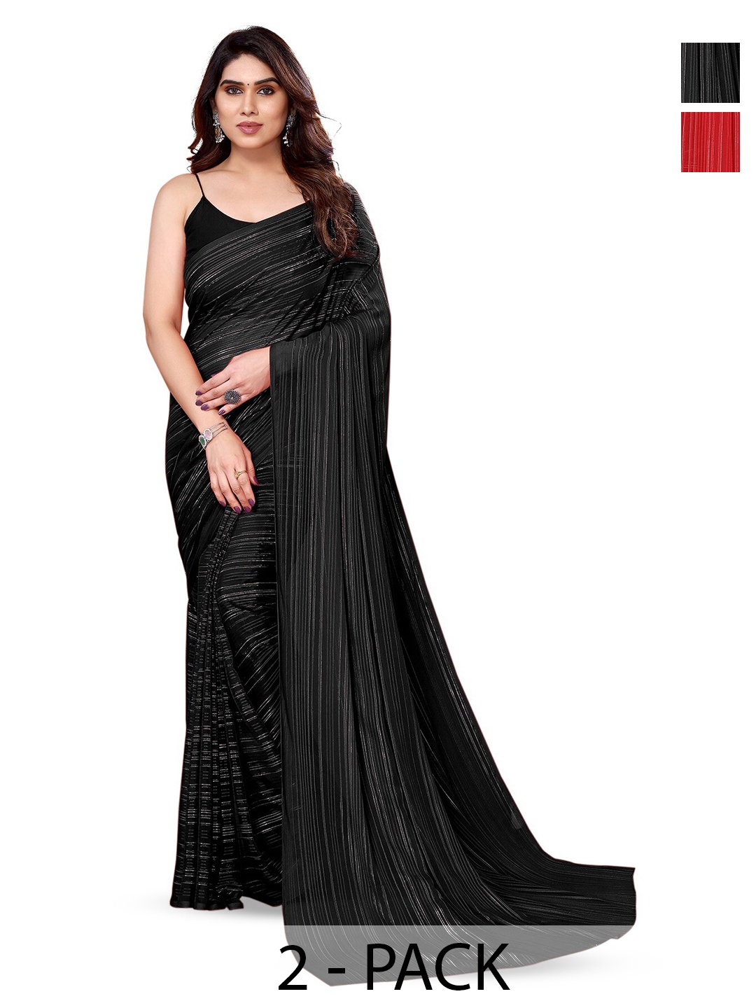 

ANAND SAREES Selection of 2 Striped Satin Sarees, Black