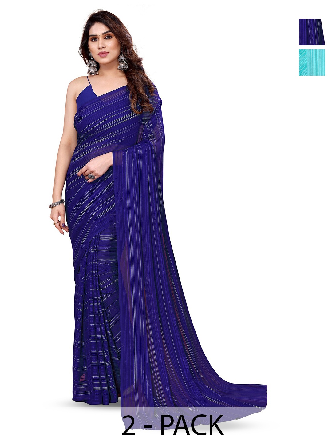 

ANAND SAREES Selection Of 2 Striped Satin Sarees, Turquoise blue