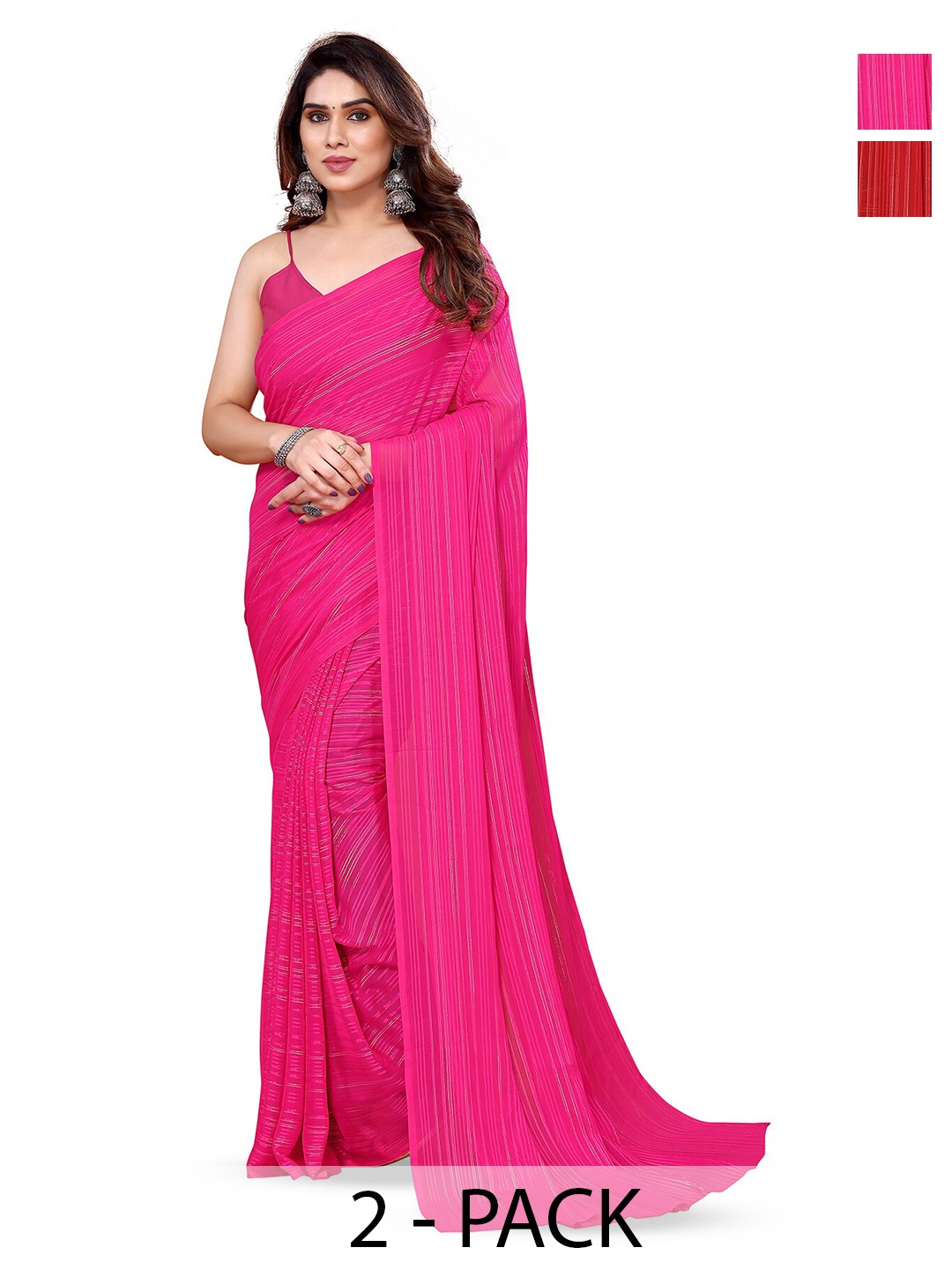 

ANAND SAREES Selection of 2 Striped Satin Sarees, Pink