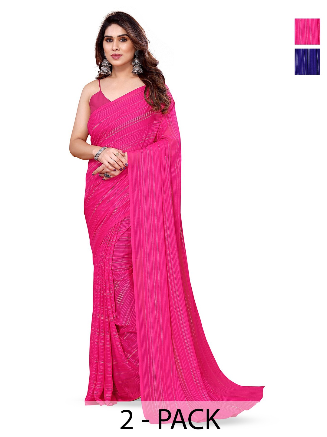 

ANAND SAREES Selection Of 2 Striped Satin Sarees, Navy blue