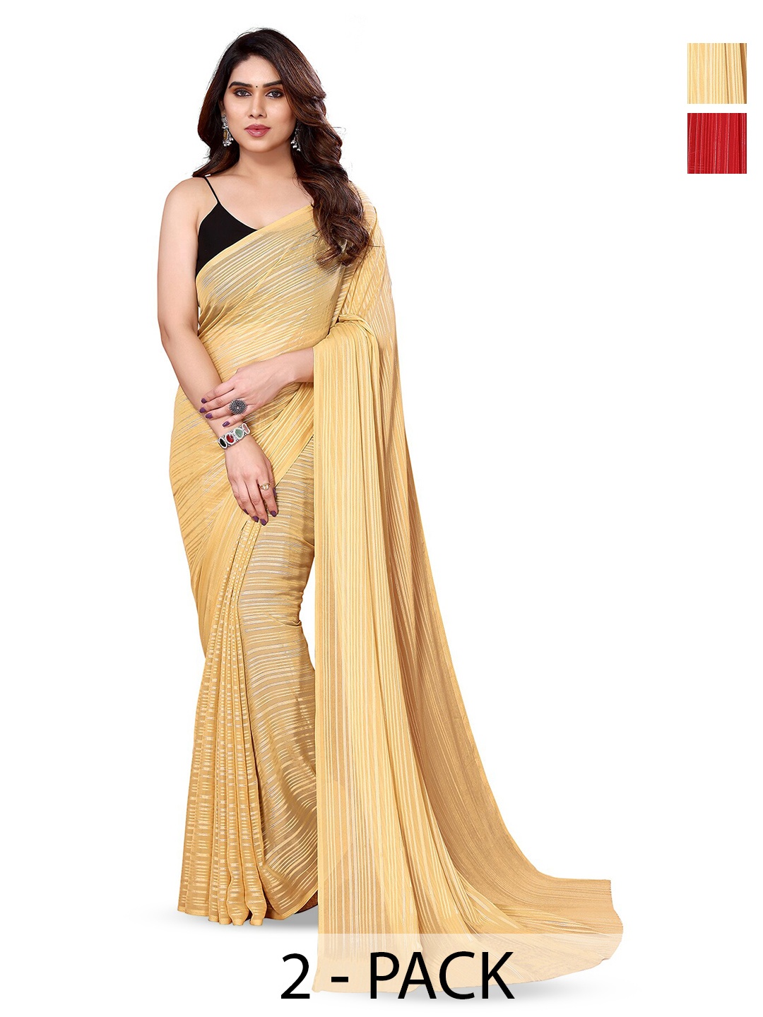 

ANAND SAREES Selection Of 2 Striped Satin Sarees, Red