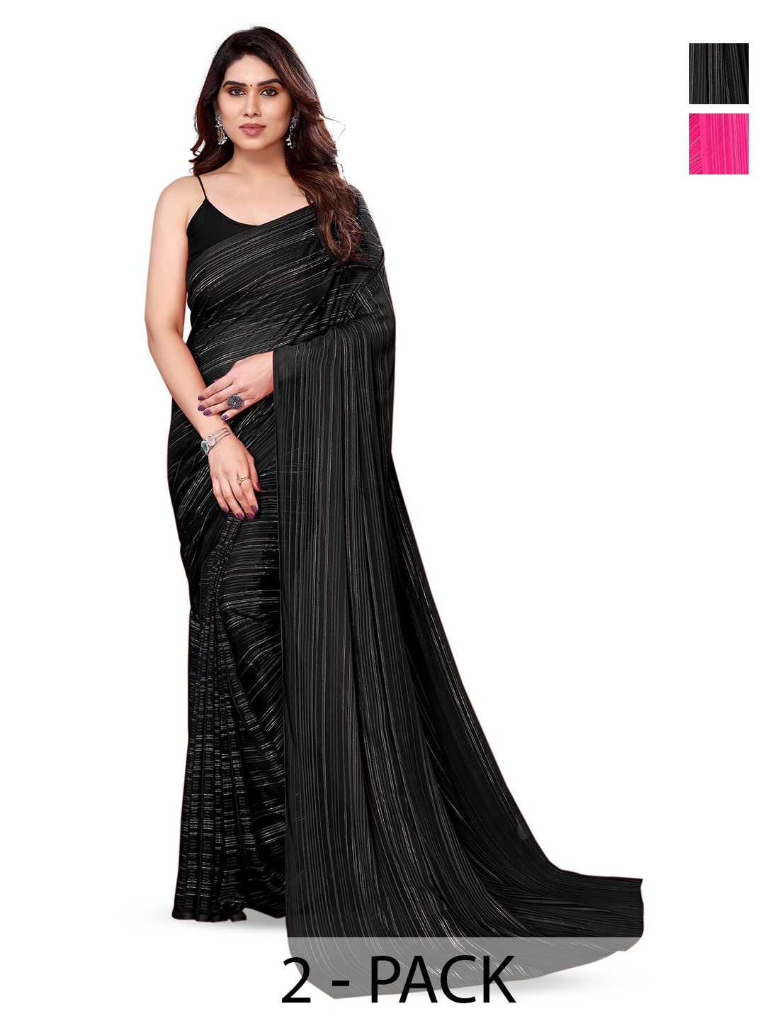 

ANAND SAREES Striped Satin Sarees, Black