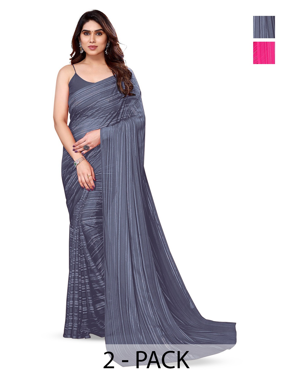 

ANAND SAREES Selection Of 2 Striped Satin Sarees, Grey