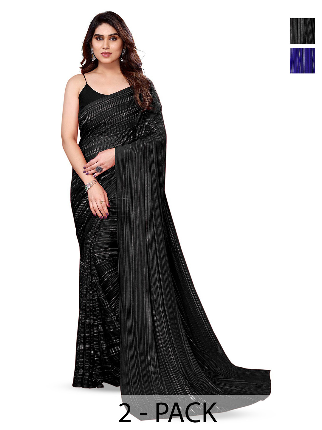 

ANAND SAREES Selection Of 2 Striped Satin Sarees, Blue