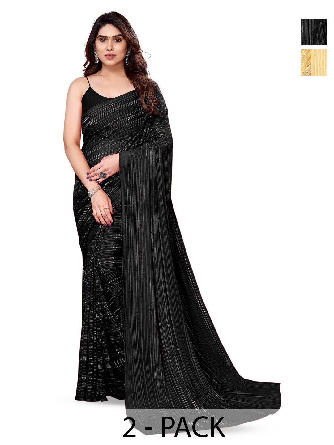 

ANAND SAREES Selection Of 2 Striped Satin Sarees, Black