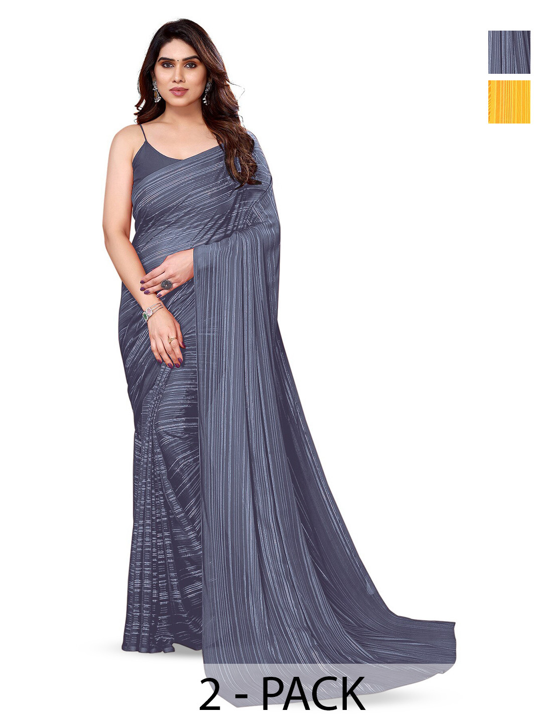 

ANAND SAREES Selection of 2 Striped Satin Sarees, Grey