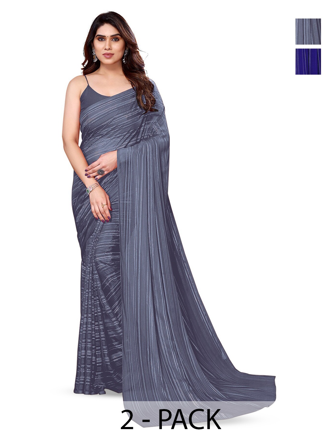 

ANAND SAREES Selection Of 2 Striped Satin Sarees, Blue