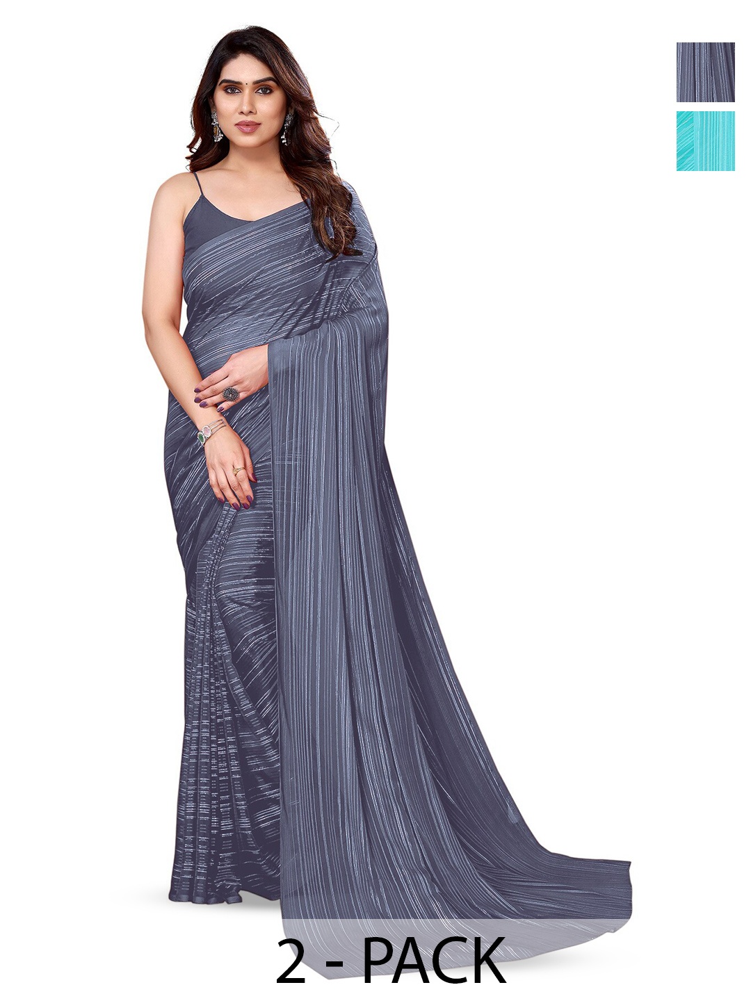 

ANAND SAREES Selection Of 2 Striped Satin Sarees, Blue