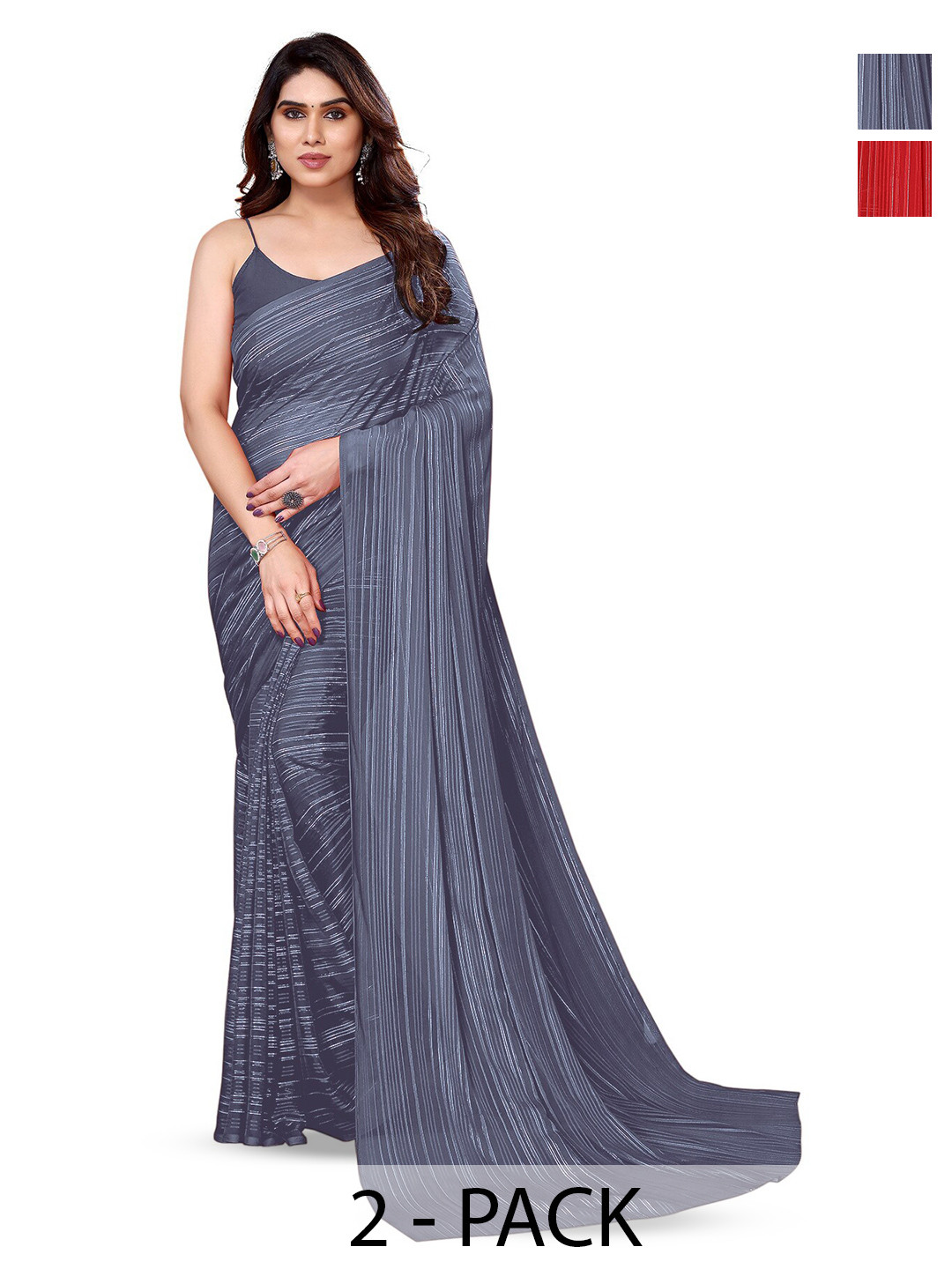 

ANAND SAREES Selection of 2 Striped Satin Sarees, Grey