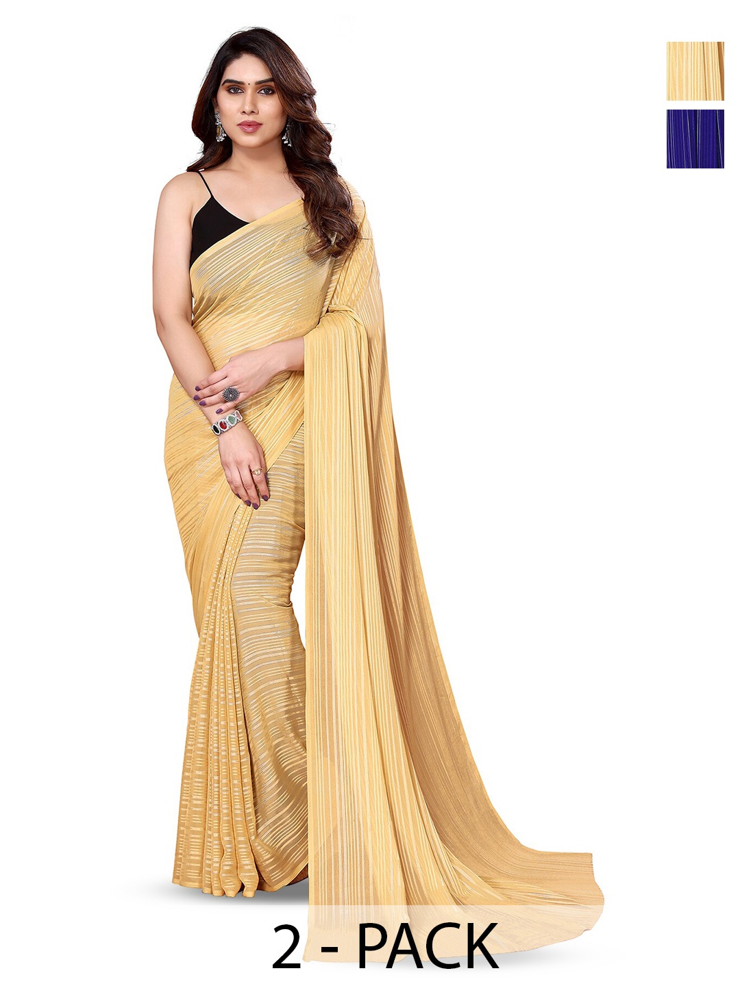 

ANAND SAREES Selection of 2 Striped Satin Sarees, Cream