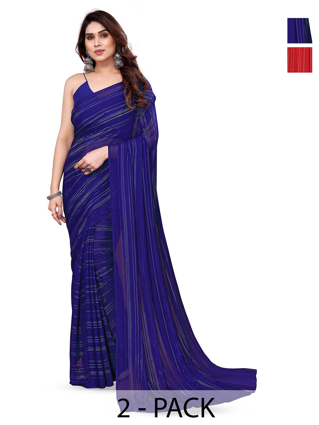 

ANAND SAREES Selection Of 2 Striped Satin Sarees, Red