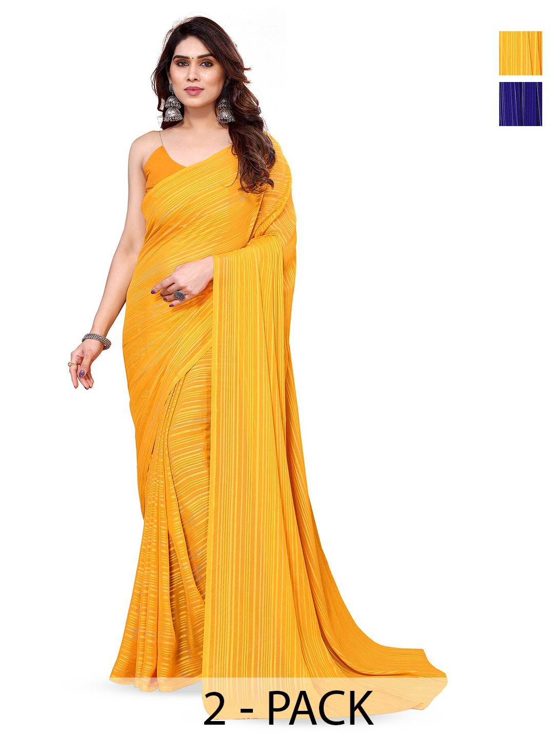

ANAND SAREES Selection Of 2 Striped Satin Sarees, Blue