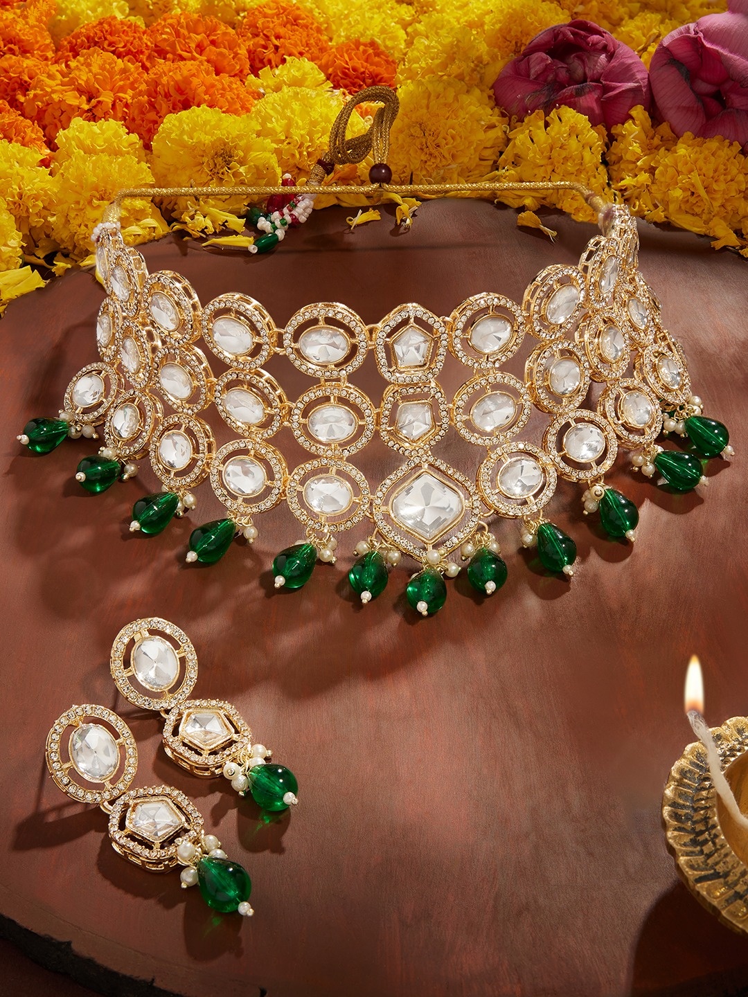 

Zaveri Pearls Gold-Plated Stone Studded & Beaded Necklace And Earrings, Green