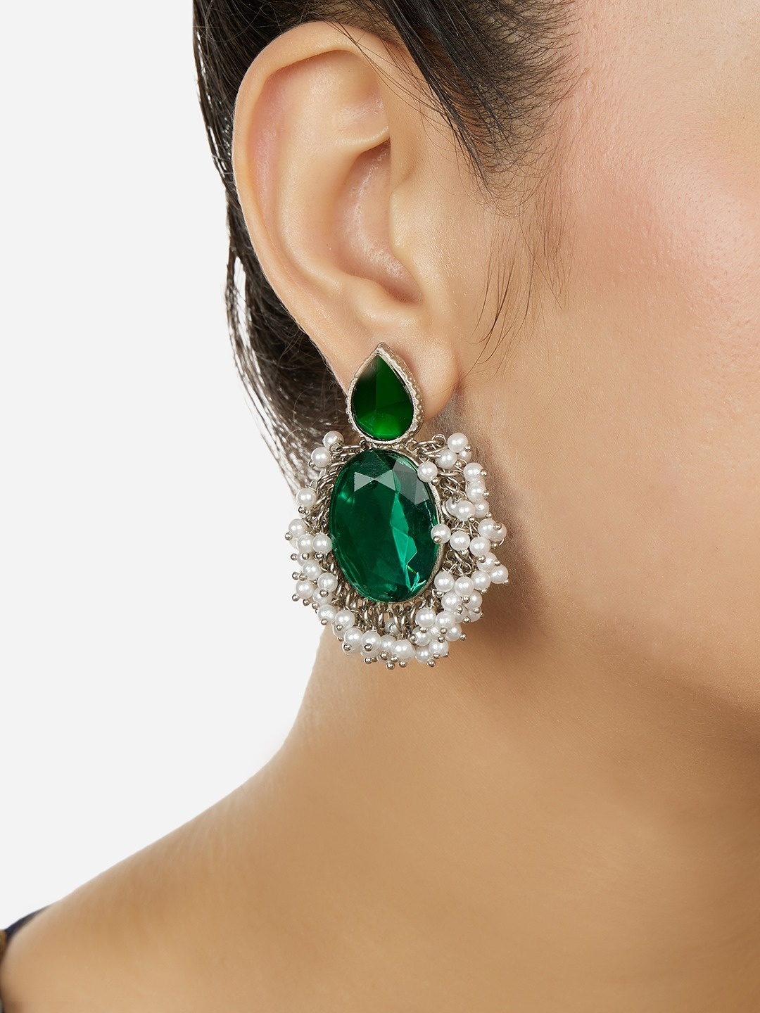 

Zaveri Pearls Silver-Plated Contemporary Stone Studded & Beaded Drop Earrings