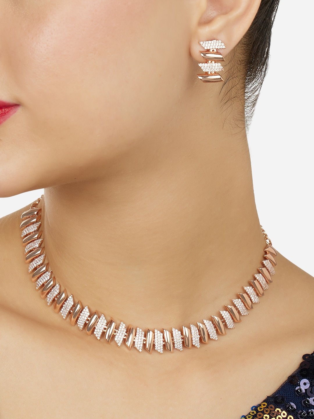 

Zaveri Pearls Rose Gold-Plated Cubic Zirconia-Studded Necklace And Earrings